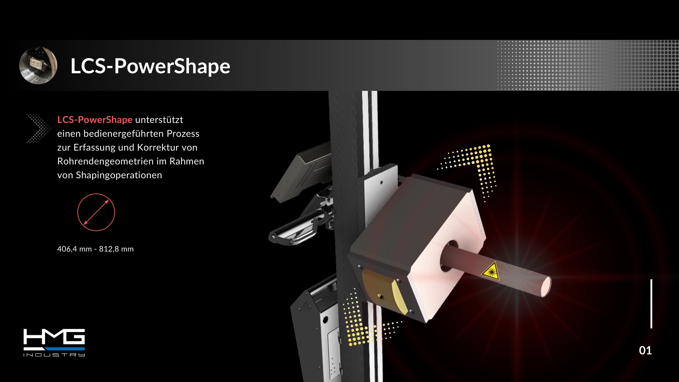 Powershape, slide 1: laser unit at the pipe end, pipe diameter 406.4–812.8 mm