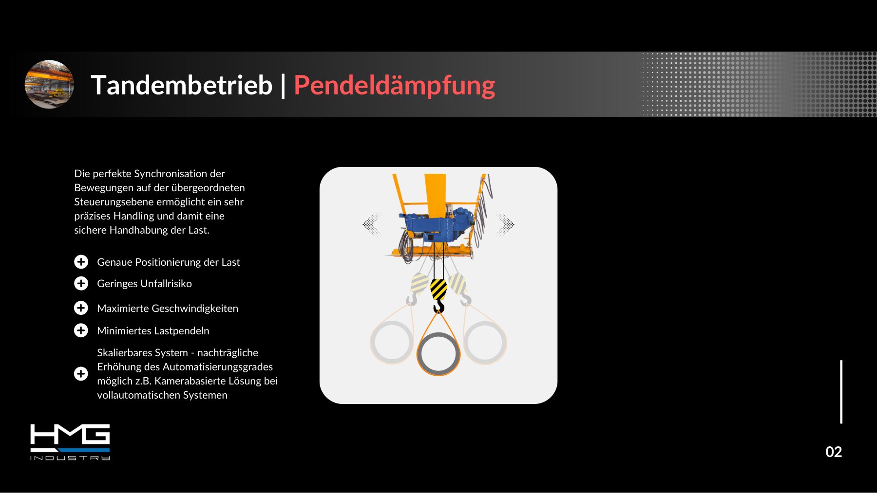 TCS, slide 2 &ldquo;Tandem operation | anti-sway&rdquo;: synchronised movements for safe load handling