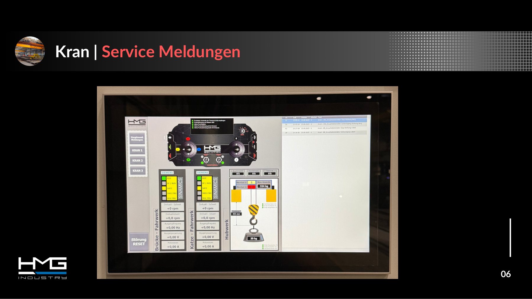 TCS, slide 6 &ldquo;Crane | service messages&rdquo;: messages and operating hours on the control panel